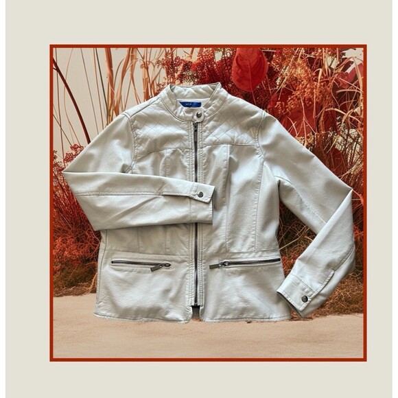 Apt. 9 Jackets & Blazers - Apt. 9 Women’s Faux-Leather Jacket Cream Zip Front Quilted Shoulder Lined Size S